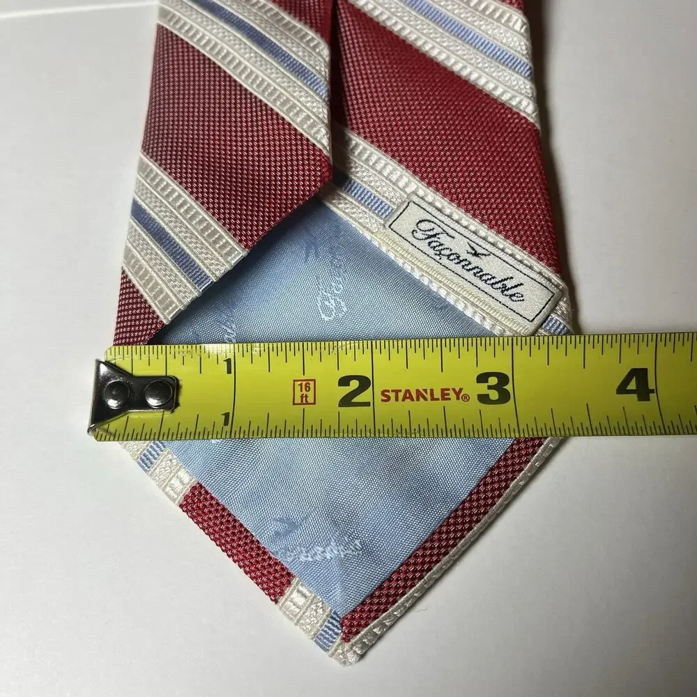 Faconnable Necktie Red Blue White Striped Silk Hand Made in Italy Tie Textured